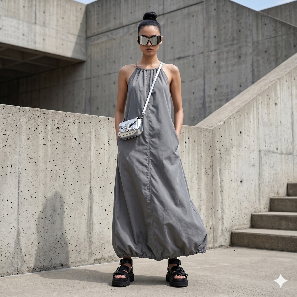 ZARA Grey Parachute Maxi Dress Halter Low Back Adjustable Bubble Hem Large - Picture 6 of 8